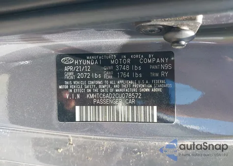 2012 Hyundai Veloster Base W/Black from USA, damaged, VIN KMHTC6AD2CU078572